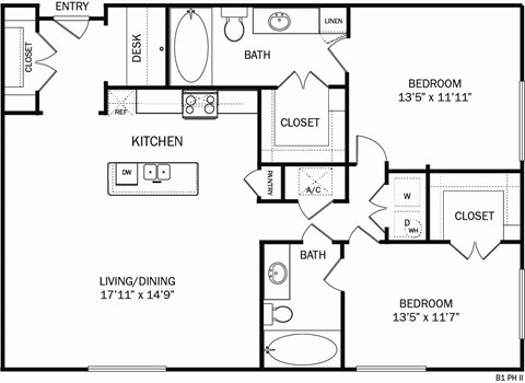 Floor plan for 2 beds, 2 baths, 1130 sqft
